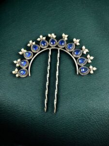 Silver Replica Pearl & Stone Juda Pin | Elegant Oxidized Best Hair Accessory for Women - color: "Blue"