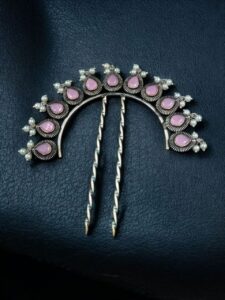 Silver Replica Pearl & Stone Juda Pin | Elegant Oxidized Best Hair Accessory for Women - color: "Baby Pink"