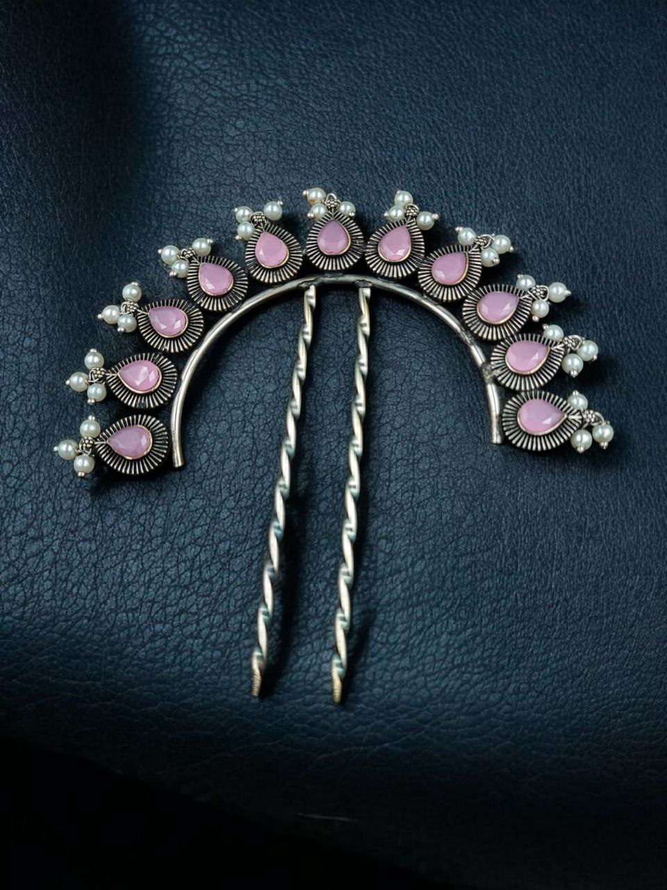 Silver Replica Pearl & Stone Juda Pin | Elegant Oxidized Best Hair Accessory for Women 2 Oxidized silver replica juda pin with pearl and stone detailing.