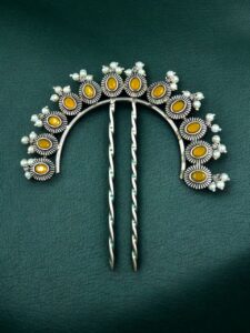 Traditional Oxidized Juda Pin | Pearl & Stone Best Silver Replica Hair Accessory Jewelry - color: "Yellow"