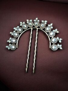 Traditional Oxidized Juda Pin | Pearl & Stone Best Silver Replica Hair Accessory Jewelry - color: "White"