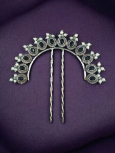 Traditional Oxidized Juda Pin | Pearl & Stone Best Silver Replica Hair Accessory Jewelry - color: "Black"