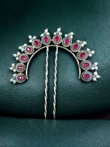 Traditional Oxidized Juda Pin | Pearl & Stone Best Silver Replica Hair Accessory Jewelry - color: "Red"