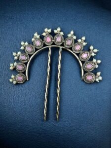 Traditional Oxidized Juda Pin | Pearl & Stone Best Silver Replica Hair Accessory Jewelry - color: "Baby Pink"