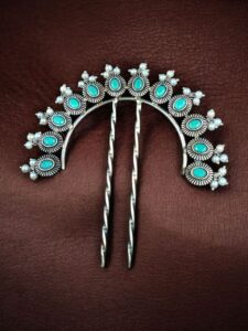 Traditional Oxidized Juda Pin | Pearl & Stone Best Silver Replica Hair Accessory Jewelry - color: "Mint"