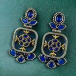 Bulk 260 Designer Two-Tone Oxidized Earrings | Monalisa Stone Dangler Silver Replica Best Trendy Jewelry - "Blue"