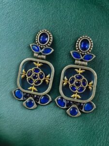 Designer Two-Tone Oxidized Earrings | Monalisa Stone Dangler Silver Replica Best Trendy Jewelry - color: "Blue"