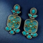 Bulk 264 Designer Two-Tone Oxidized Earrings | Monalisa Stone Dangler Silver Replica Best Trendy Jewelry - "Aqua"