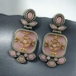 Bulk 268 Designer Two-Tone Oxidized Earrings | Monalisa Stone Dangler Silver Replica Best Trendy Jewelry - "Baby Pink"