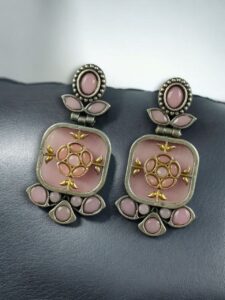 Designer Two-Tone Oxidized Earrings | Monalisa Stone Dangler Silver Replica Best Trendy Jewelry - color: "Baby Pink"