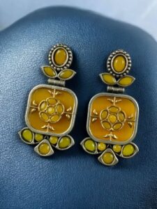 Designer Two-Tone Oxidized Earrings | Monalisa Stone Dangler Silver Replica Best Trendy Jewelry - color: "Yellow"