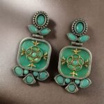 Bulk 270 Designer Two-Tone Oxidized Earrings | Monalisa Stone Dangler Silver Replica Best Trendy Jewelry - "Mint"