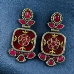 Bulk 272 Designer Two-Tone Oxidized Earrings | Monalisa Stone Dangler Silver Replica Best Trendy Jewelry - "Red"