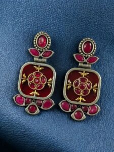 Designer Two-Tone Oxidized Earrings | Monalisa Stone Dangler Silver Replica Best Trendy Jewelry - color: "Red"