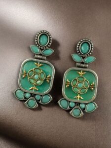 Designer Two-Tone Oxidized Earrings | Monalisa Stone Dangler Silver Replica Best Trendy Jewelry - color: "Mint"