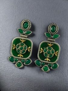 Designer Two-Tone Oxidized Earrings | Monalisa Stone Dangler Silver Replica Best Trendy Jewelry - color: "Green"