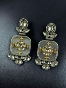 Designer Two-Tone Oxidized Earrings | Monalisa Stone Dangler Silver Replica Best Trendy Jewelry - color: "Grey"