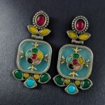 Bulk 280 Designer Two-Tone Oxidized Earrings | Monalisa Stone Dangler Silver Replica Best Trendy Jewelry - "Multi-Aqua"