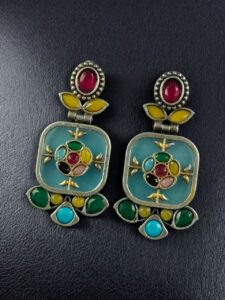 Designer Two-Tone Oxidized Earrings | Monalisa Stone Dangler Silver Replica Best Trendy Jewelry - color: "Multi-Aqua"