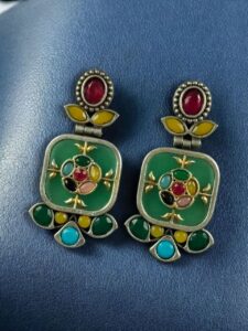 Designer Two-Tone Oxidized Earrings | Monalisa Stone Dangler Silver Replica Best Trendy Jewelry - color: "Multi-Mint"