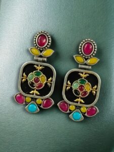 Designer Two-Tone Oxidized Earrings | Monalisa Stone Dangler Silver Replica Best Trendy Jewelry - color: "Multi-Black"