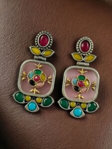 Designer Two-Tone Oxidized Earrings | Monalisa Stone Dangler Silver Replica Best Trendy Jewelry - color: "Multi-Baby Pink"