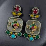 Bulk 286 Designer Two-Tone Oxidized Earrings | Monalisa Stone Dangler Silver Replica Best Trendy Jewelry - "Multi-Grey"