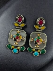 Designer Two-Tone Oxidized Earrings | Monalisa Stone Dangler Silver Replica Best Trendy Jewelry - color: "Multi-Grey"