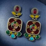 Bulk 290 Designer Two-Tone Oxidized Earrings | Monalisa Stone Dangler Silver Replica Best Trendy Jewelry - "Multi-Red"