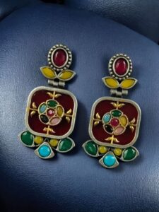 Designer Two-Tone Oxidized Earrings | Monalisa Stone Dangler Silver Replica Best Trendy Jewelry - color: "Multi-Red"
