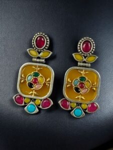 Designer Two-Tone Oxidized Earrings | Monalisa Stone Dangler Silver Replica Best Trendy Jewelry - color: "Multi-Yellow"