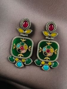 Designer Two-Tone Oxidized Earrings | Monalisa Stone Dangler Silver Replica Best Trendy Jewelry - color: "Multi-Green"