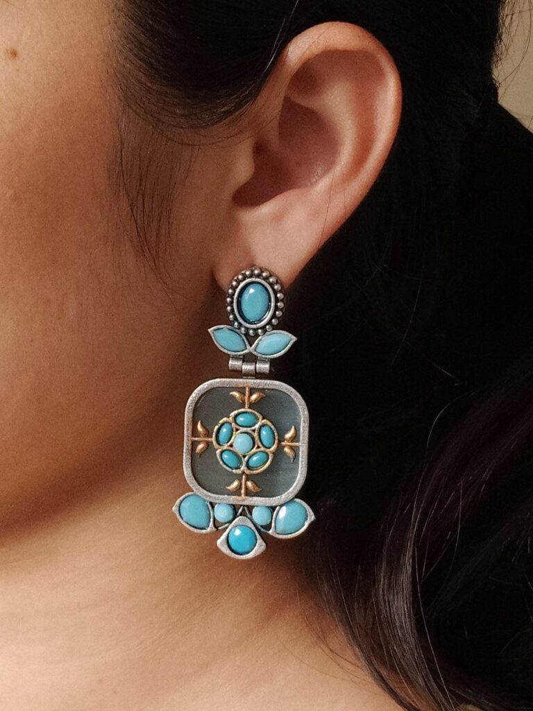 Designer Two-Tone Oxidized Earrings | Monalisa Stone Dangler Silver Replica Best Trendy Jewelry