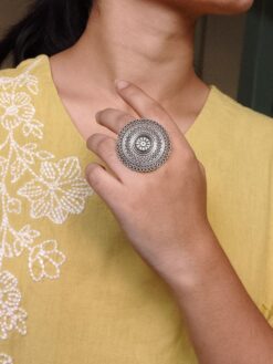 Premium oxidized silver replica adjustable ring with intricate detailing.