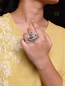 Oxidized silver replica adjustable bird ring with pearl work