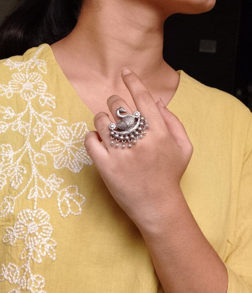 Adjustable Pearl Work Bird Ring | Oxidized Silver Replica Designer Best Jewelry for Women