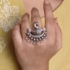 Oxidized silver replica adjustable bird ring with pearl work