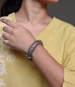 Beautiful Floral Art Kada | Openable Oxidized Silver Replica Fashionable Bangle