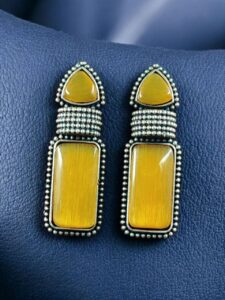Beautiful Ethnic Stud Earrings | Monalisa Stone Silver Replica Fashionable Jewelry - color: "Yellow"