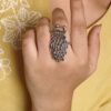Oxidized adjustable silver replica peacock design ring with detailed.
