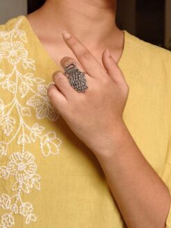 Oxidized adjustable silver replica peacock design ring with detailed.
