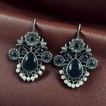Bulk 218 Elegant Flower Design Hook Earrings | Silver Replica Stone & Pearl Work Best Traditional Jewelry - "Black"