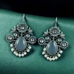 Bulk 220 Elegant Flower Design Hook Earrings | Silver Replica Stone & Pearl Work Best Traditional Jewelry - "Grey"