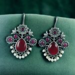 Bulk 226 Elegant Flower Design Hook Earrings | Silver Replica Stone & Pearl Work Best Traditional Jewelry - "Red"