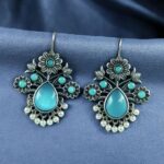 Bulk 232 Elegant Flower Design Hook Earrings | Silver Replica Stone & Pearl Work Best Traditional Jewelry - "Aqua"