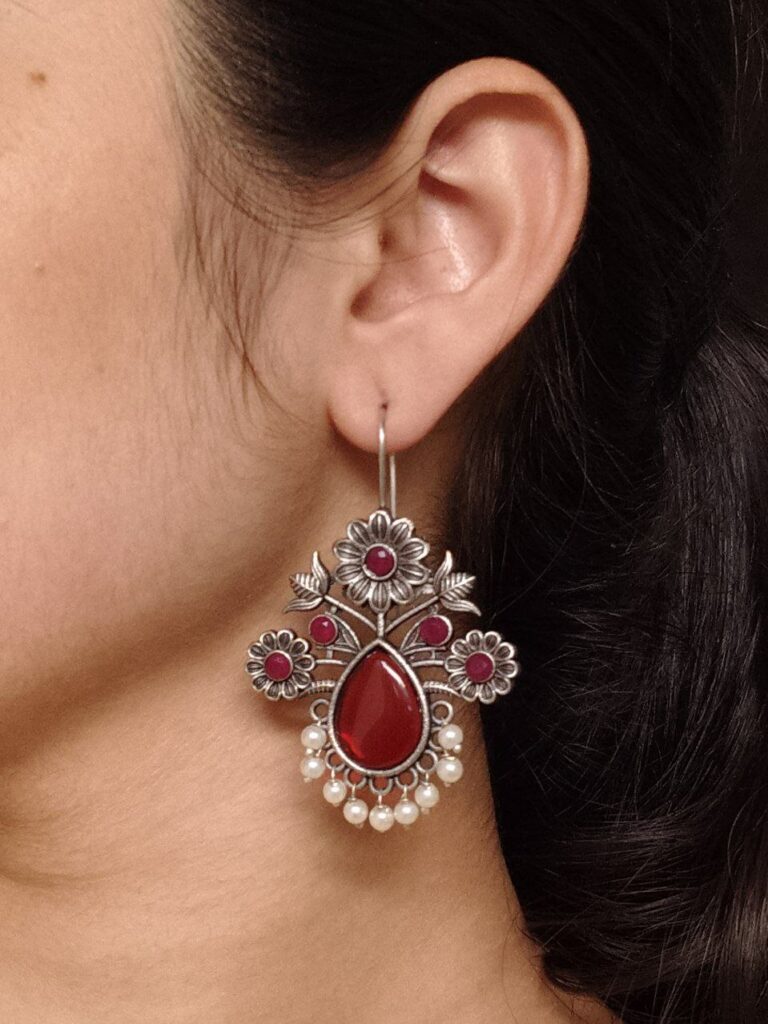 Elegant Flower Design Hook Earrings | Silver Replica Stone & Pearl Work Best Traditional Jewelry
