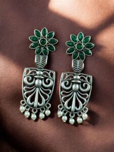 Traditional Oxidized Flower Dangler Earrings | Pearl & Stone Work Silver Replica Amazing Jewelry - color: "Green"