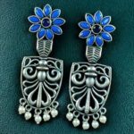 Bulk 210 Traditional Oxidized Flower Dangler Earrings | Pearl & Stone Work Silver Replica Amazing Jewelry - "Blue"