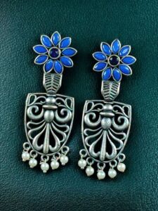 Traditional Oxidized Flower Dangler Earrings | Pearl & Stone Work Silver Replica Amazing Jewelry - color: "Blue"