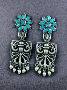 Traditional Oxidized Flower Dangler Earrings | Pearl & Stone Work Silver Replica Amazing Jewelry - color: "Aqua"